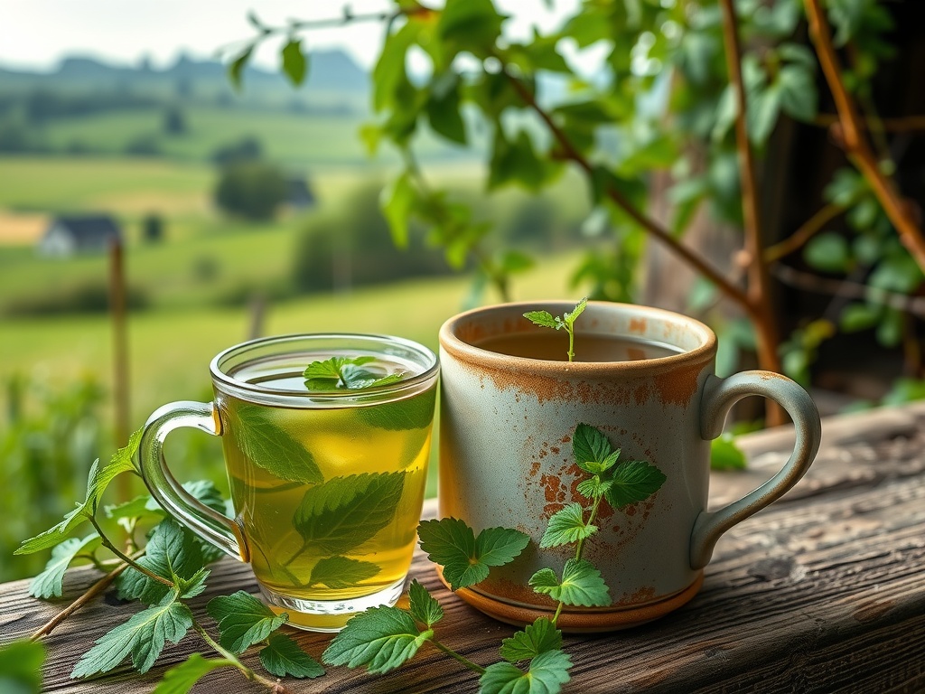 A cozy cup of nettle herbal tea with fresh nettle leaves.