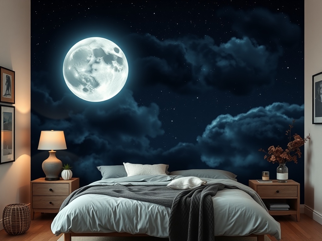 Bedroom with a night sky mural featuring a full moon and clouds