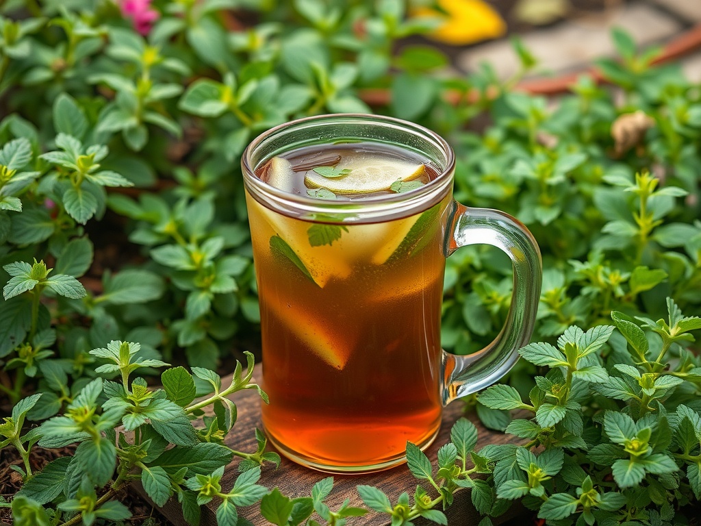 A glass cup of Oregano Vitality Blend tea surrounded by fresh herbs