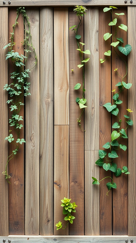 Panel de madera con plantas verticales verdes