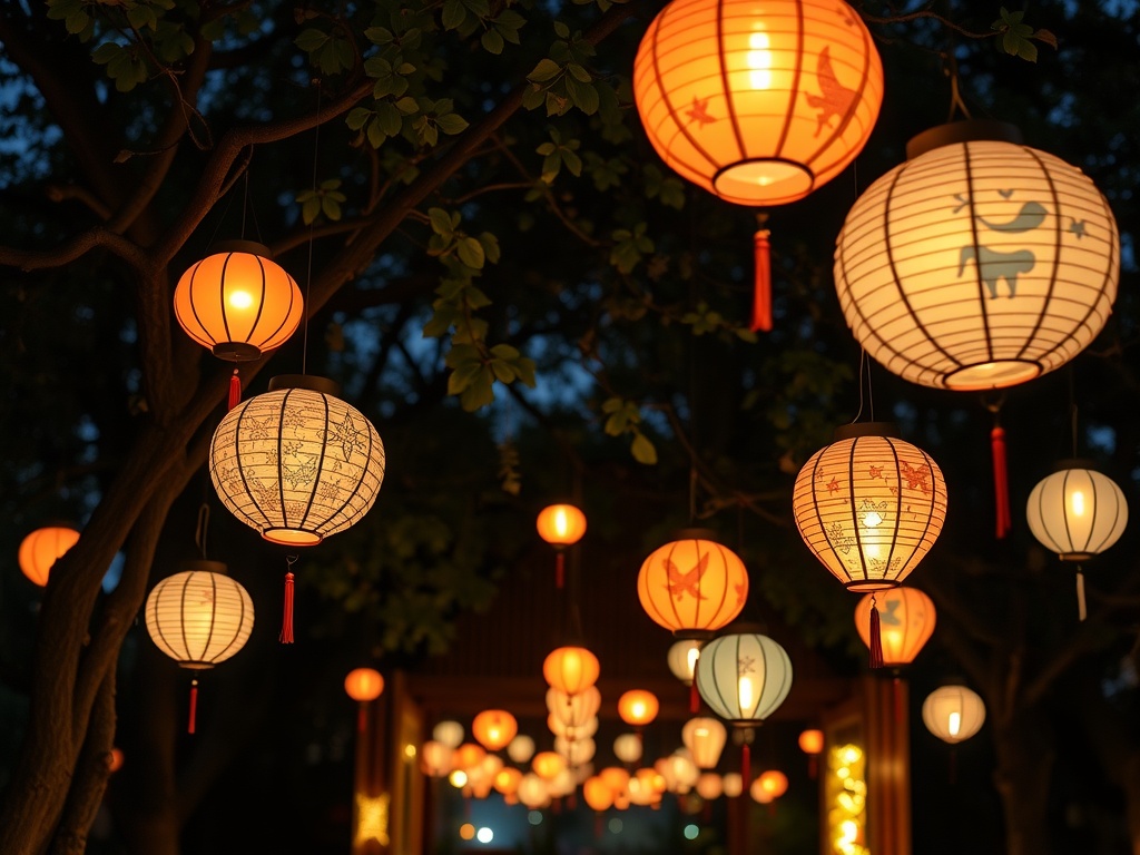 Colorful paper lanterns hanging from trees at night