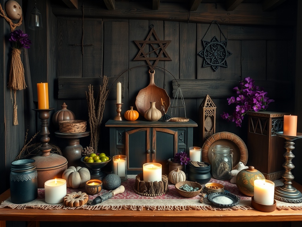 A personalized witchcraft altar featuring candles, herbs, and decorative items, emphasizing family heritage.