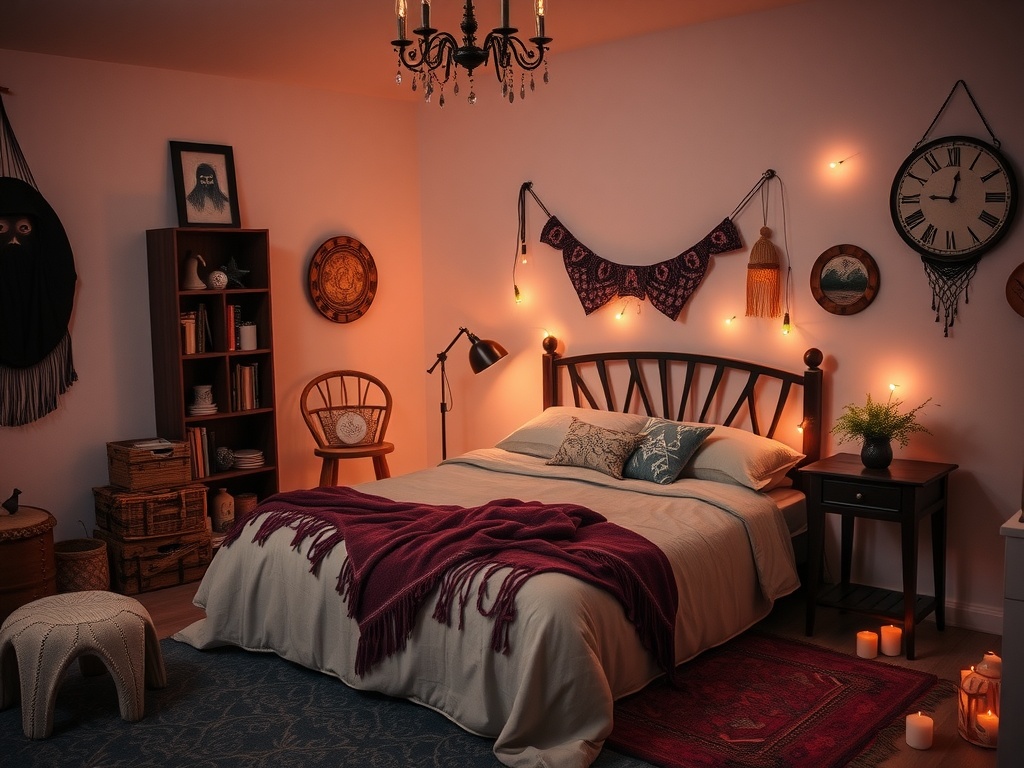 Gothic Boho bedroom with cozy decor, warm lighting, and personalized elements.