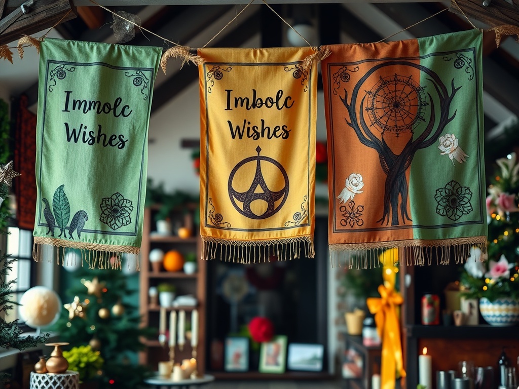 Three beautifully designed banners saying 'Imbolc Wishes' with floral and symbolic designs.