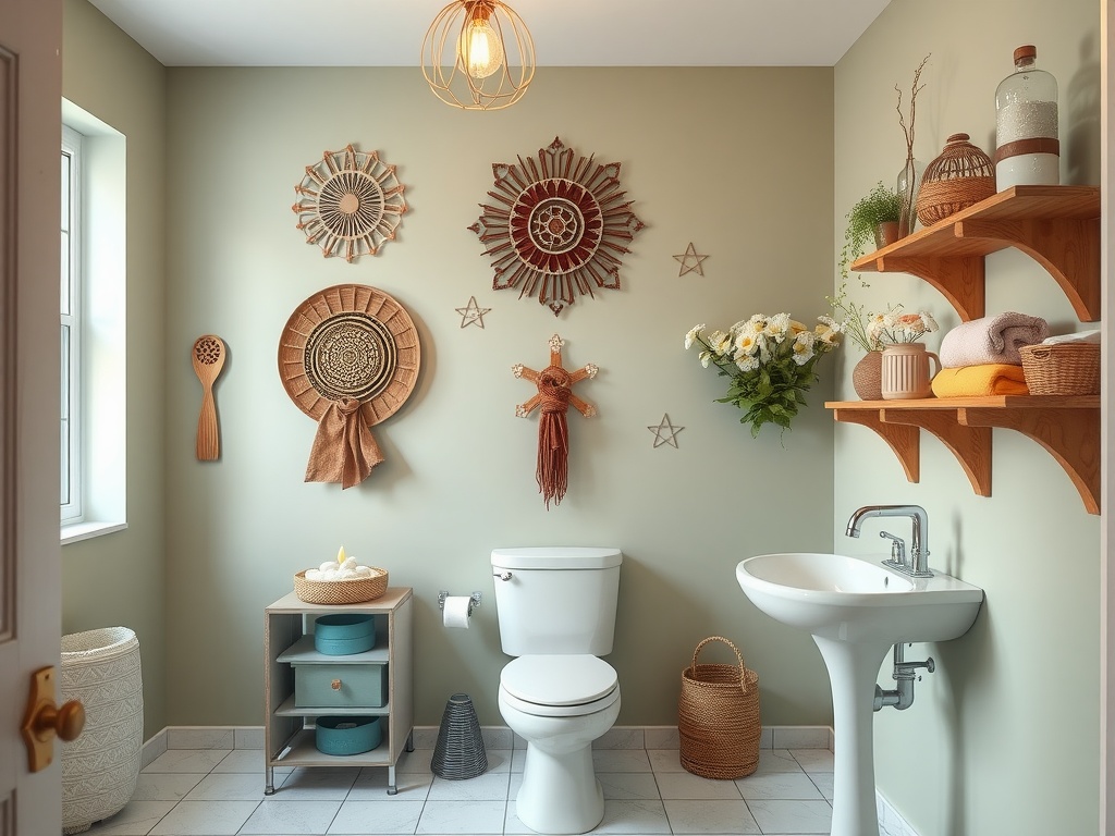 A whimsical bathroom with woven wall art, decorative stars, potted plants, and open shelves displaying towels and baskets.