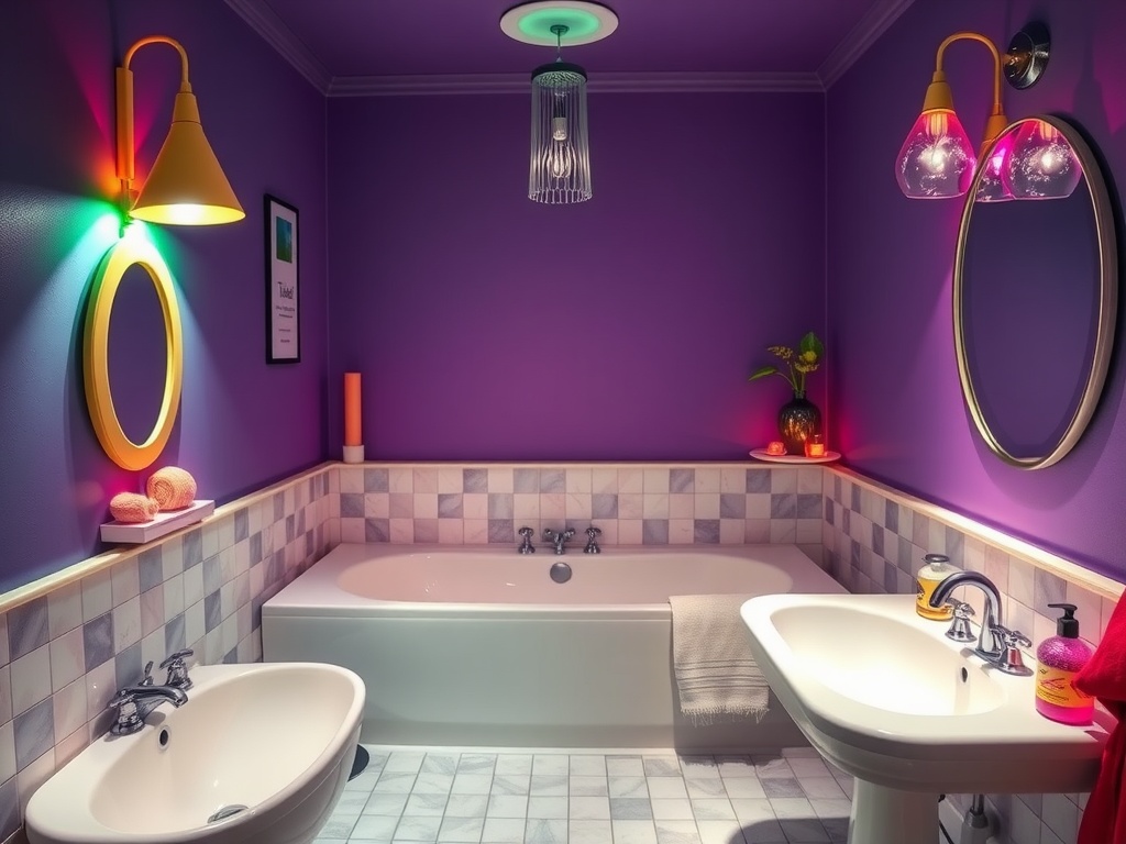 A colorful bathroom featuring purple walls, unique lighting fixtures, and playful decor.