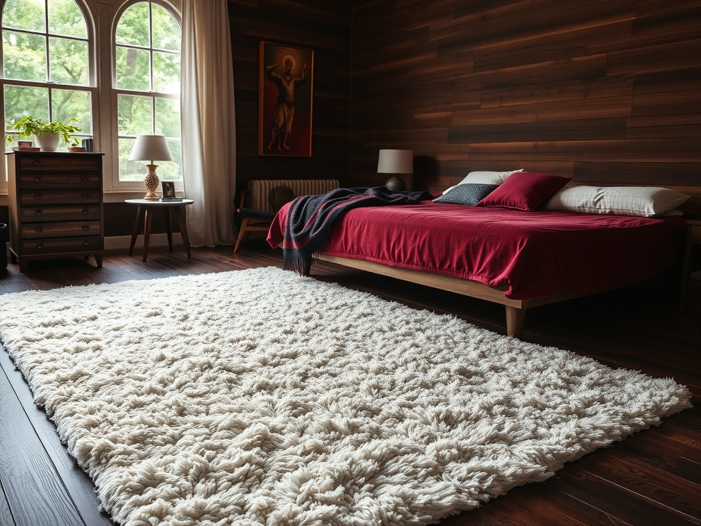 A plush, creamy area rug in a cozy bedroom with a red bedspread and wooden accents.