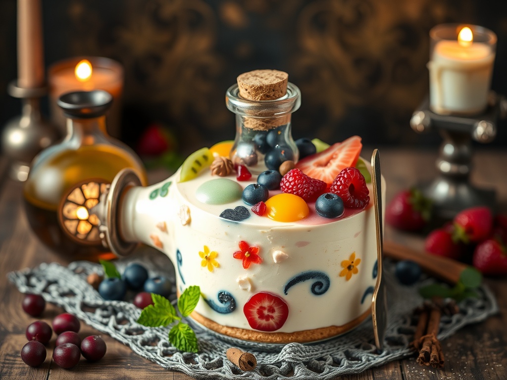 A cheesecake styled like a potion bottle with fruits on top, surrounded by candles and decorative bottles.