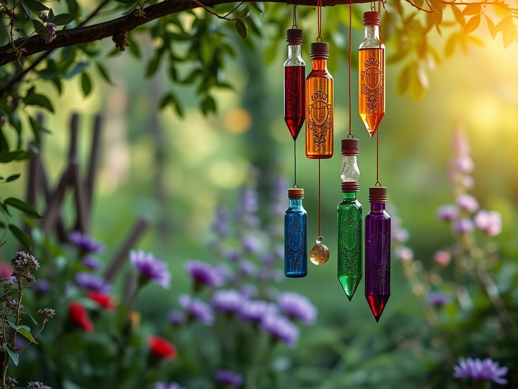 Colorful potion bottle wind chimes hanging among flowers in a garden