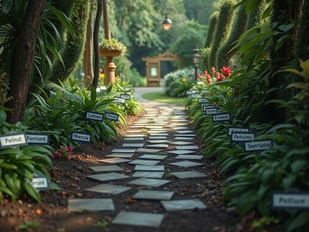 A winding garden path lined with plants and labeled potion ingredients.