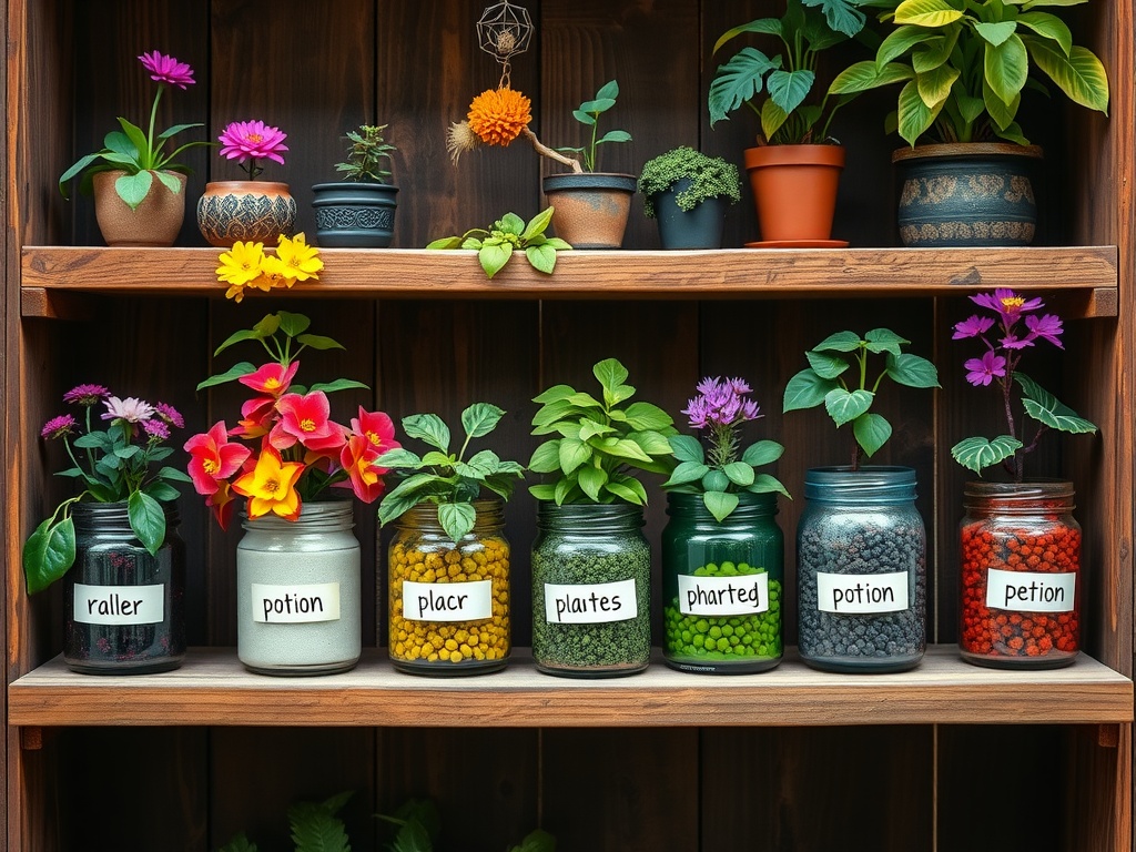 A shelf displaying various potted plants and labeled jars filled with vibrant ingredients for potion making.