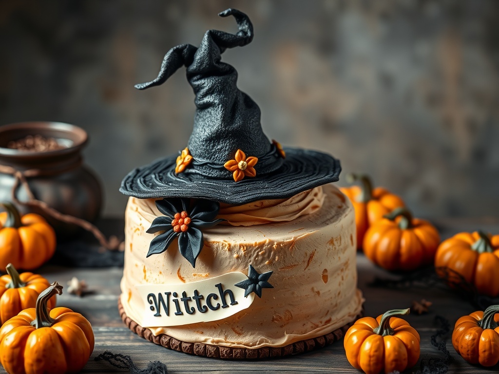 A cake decorated with a black witch hat and surrounded by pumpkins, showcasing a pumpkin spice theme.