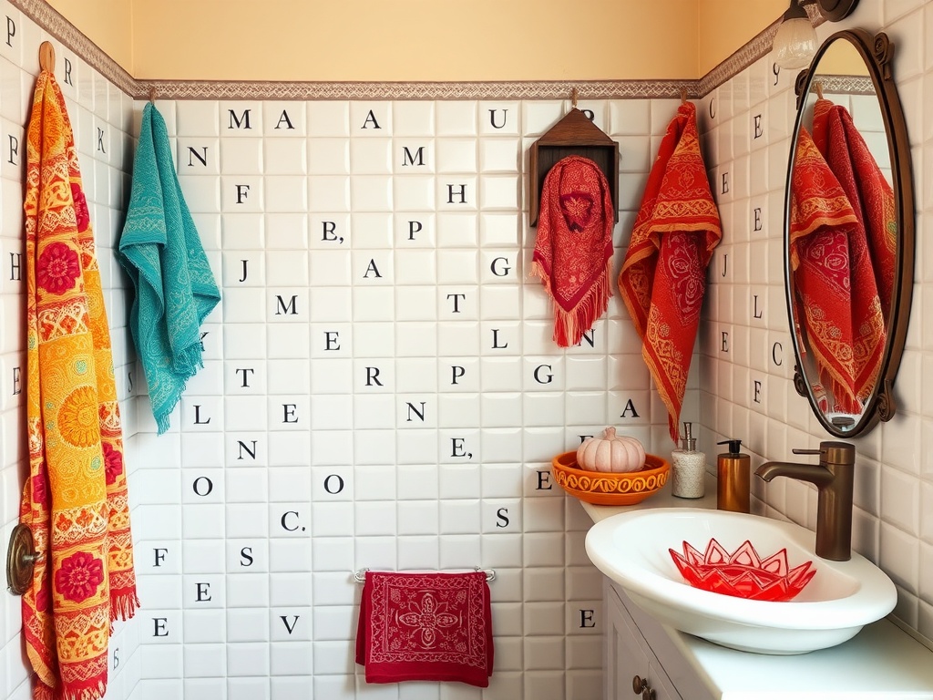 Colorful bathroom with towels hanging on a tiled wall and a stylish sink setup