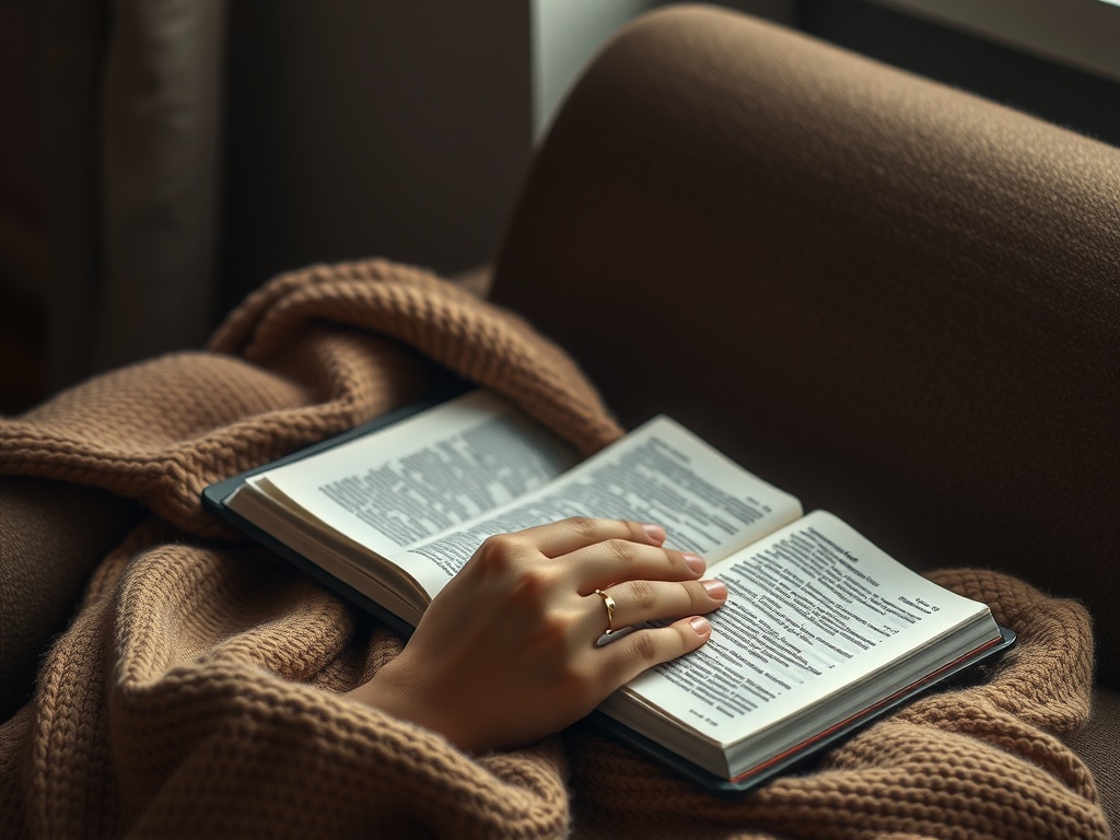 A hand holding a book opened on a cozy blanket, suggesting a moment of reading and reflection.