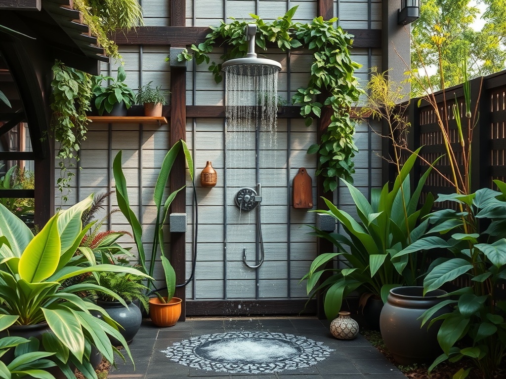 A beautifully designed outdoor shower surrounded by lush greenery.