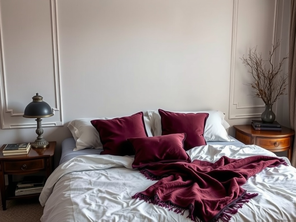 A cozy bedroom featuring a bed with burgundy cushions and a throw blanket, vintage bedside tables with a lamp and books.