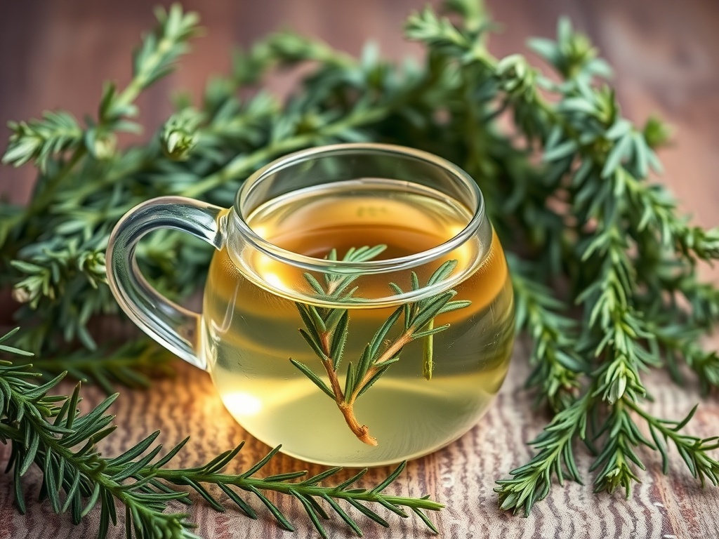 A clear glass cup of rosemary herbal tea with fresh rosemary sprigs around it.