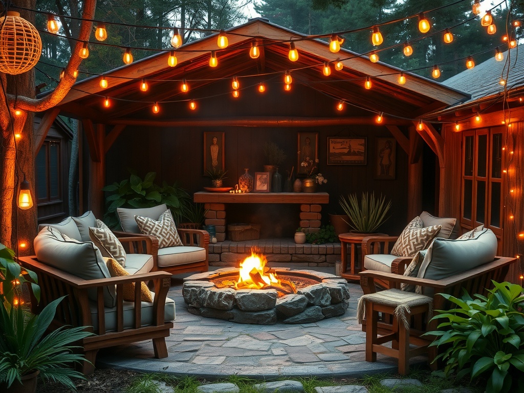 A rustic outdoor fire pit area with wooden chairs, a stone fire pit, and string lights.