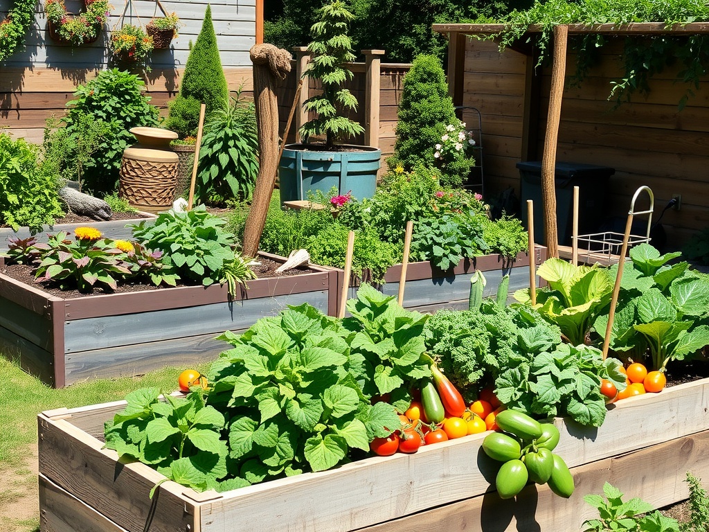 A sunny garden featuring rustic raised vegetable beds abundant with green plants and colorful vegetables.