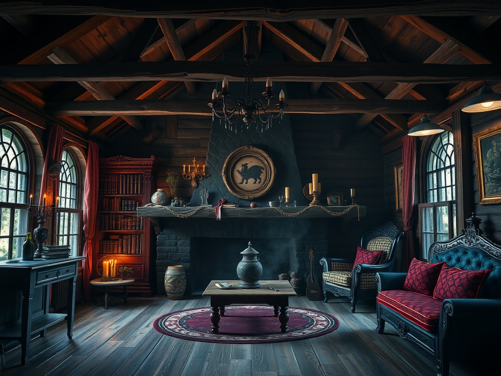 A rustic Gothic Boho bedroom featuring dark wooden beams, a cozy fireplace with decorative items, and elegant furniture.