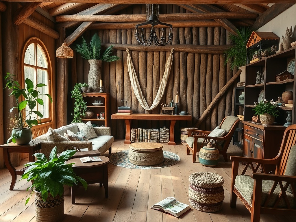 A cozy room featuring rustic wooden accents, plants, and warm textures, ideal for green witch decor.