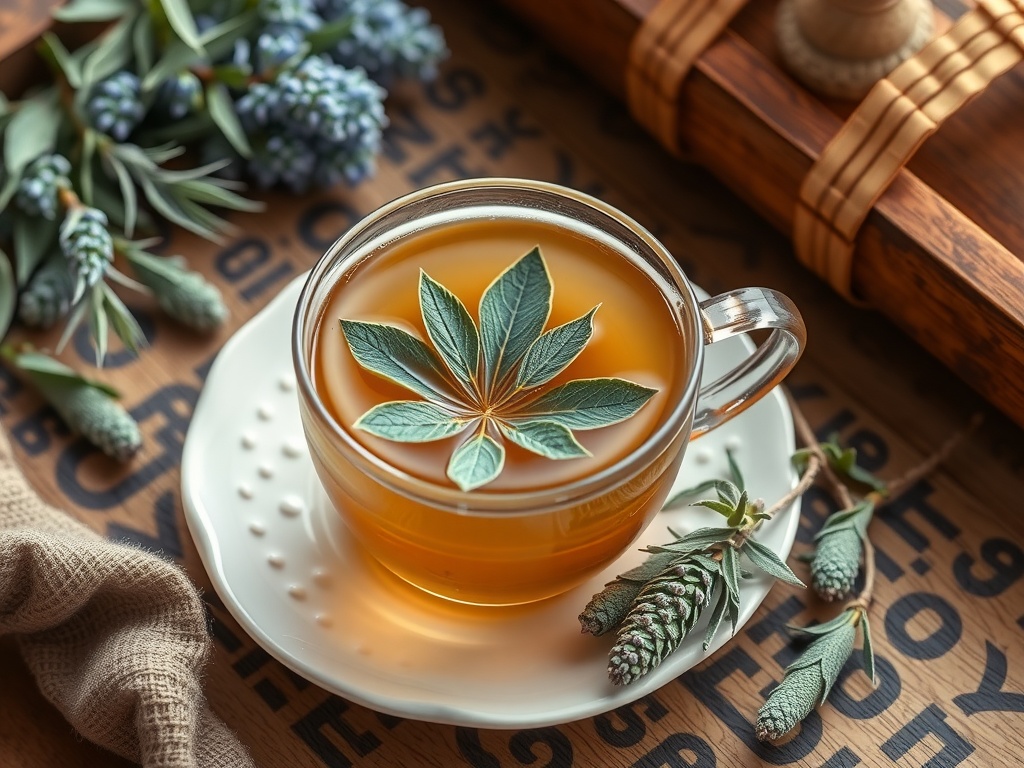 A cup of herbal tea with sage leaves on top, surrounded by fresh sage sprigs.