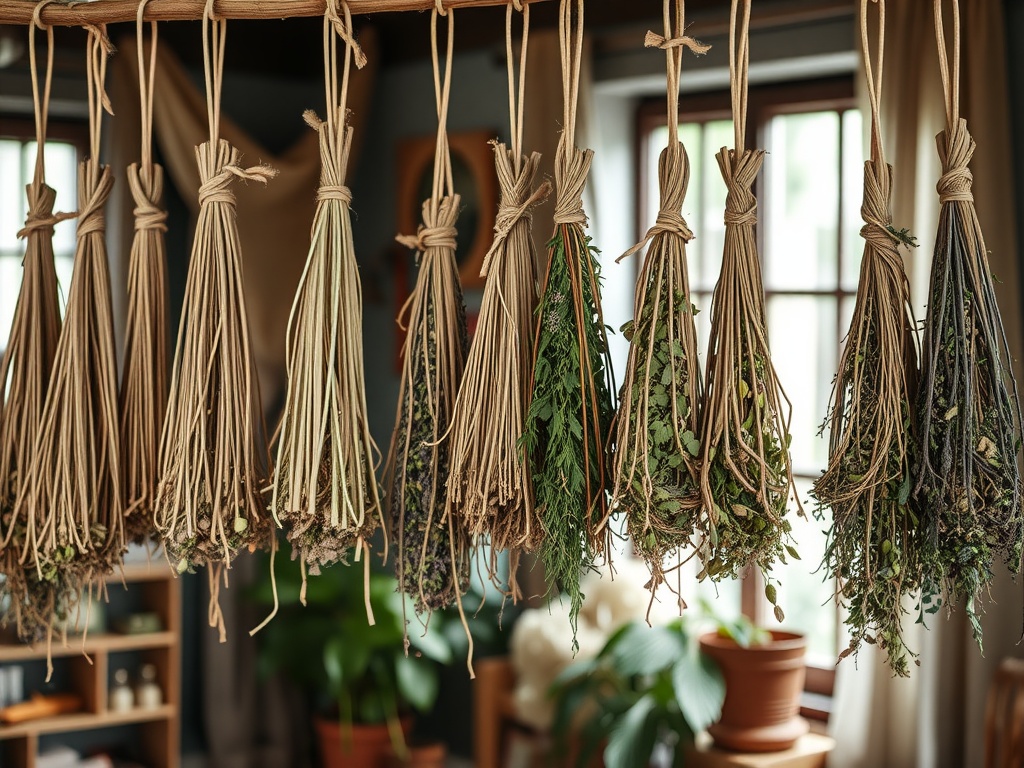 Hanging herbal bundles drying with a variety of herbs for home decor.