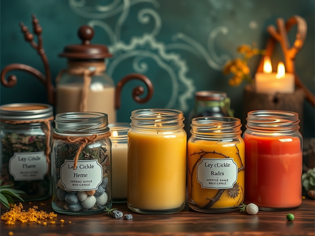 A collection of scented herbal candles in jars with herbs, showcasing different colors and labels.