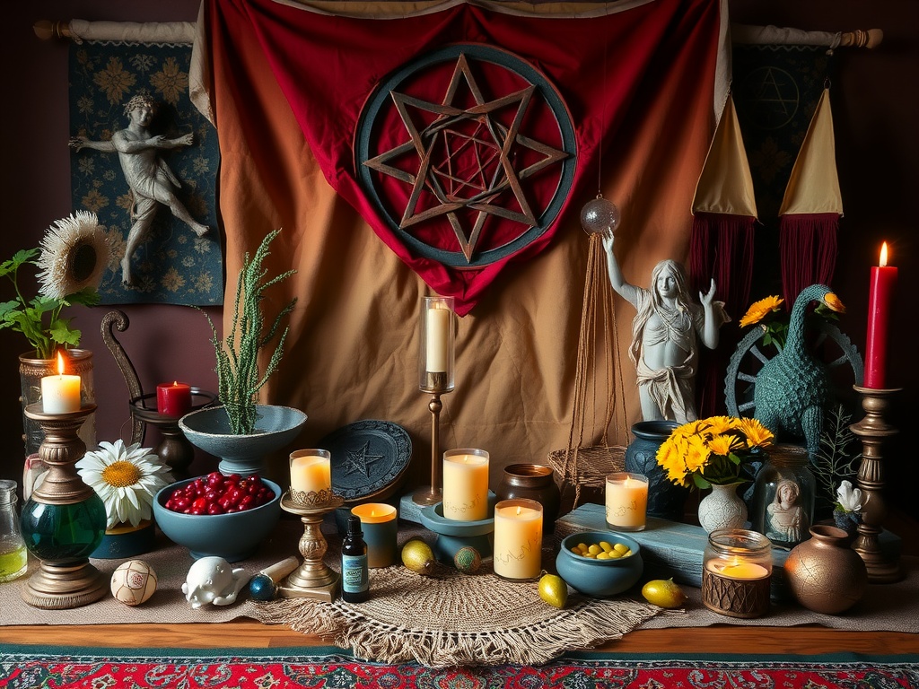 A beautifully arranged witchcraft altar featuring candles, flowers, and seasonal decorations.