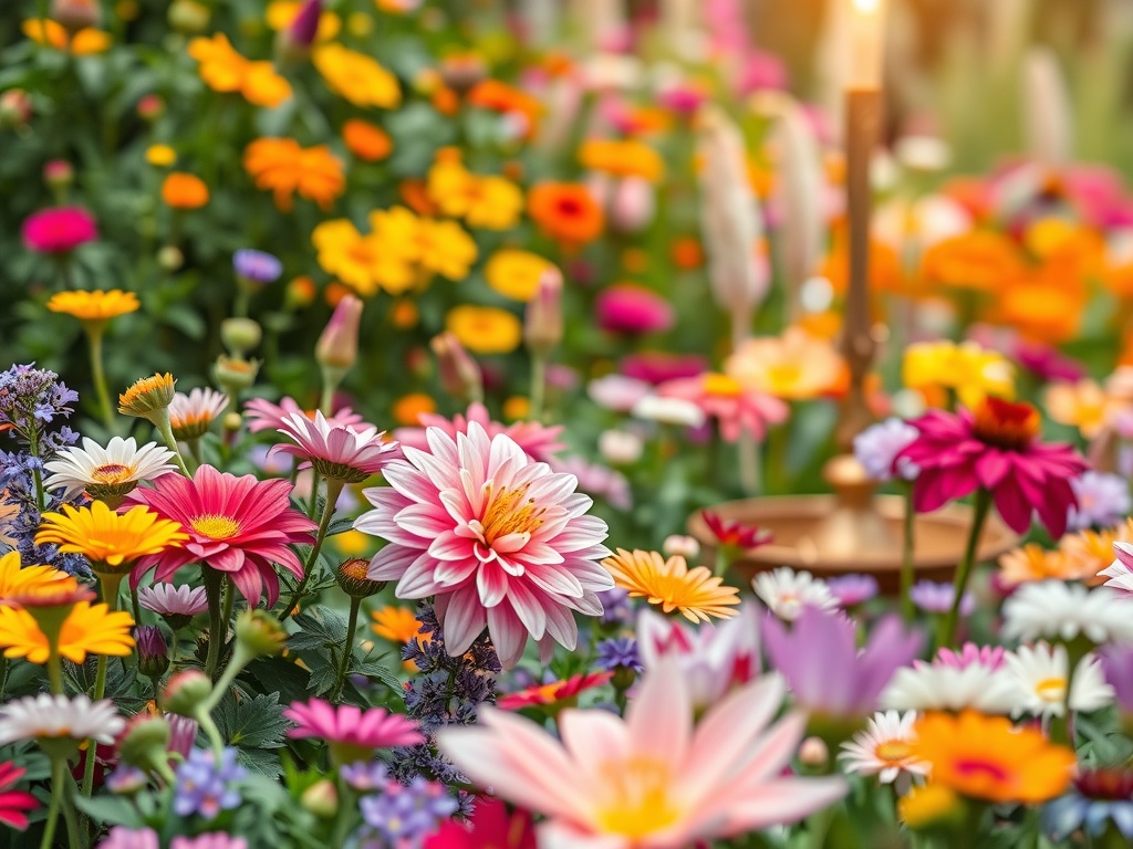 A vibrant garden scene filled with colorful seasonal flowers, including daisies, marigolds, and dahlias, creating a cheerful atmosphere.