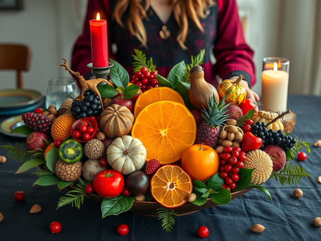 A colorful centerpiece featuring seasonal fruits, nuts, and candles on a table.