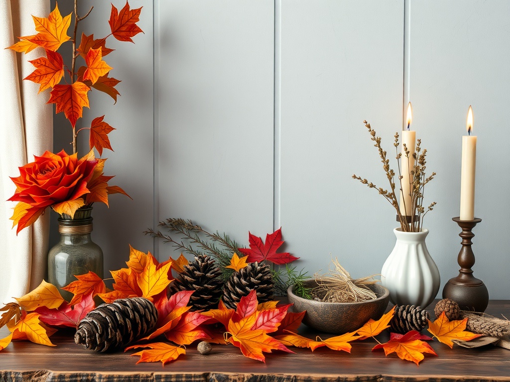 A cozy autumn display with colorful leaves, pinecones, candles, and a vase of roses, evoking the essence of seasonal nature decor.