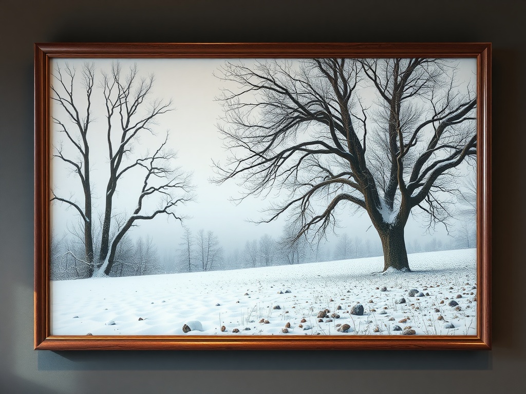 A serene winter landscape featuring bare trees and snow-covered ground, framed elegantly