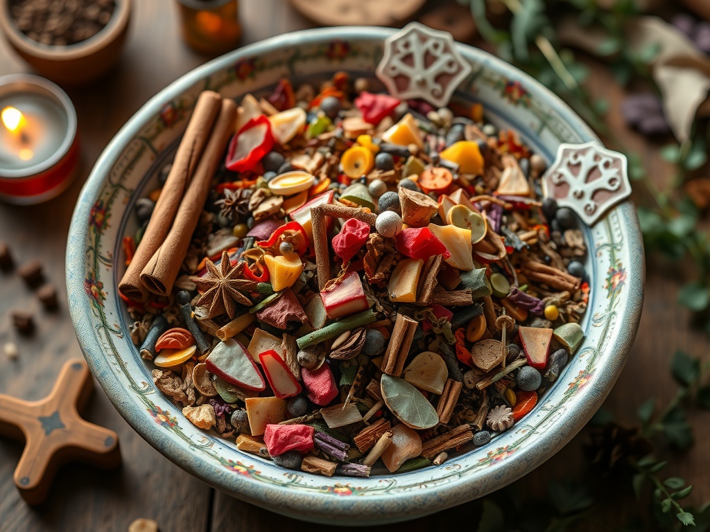 A bowl filled with colorful dried flowers, spices, and essential oil pieces, representing seasonal themes.