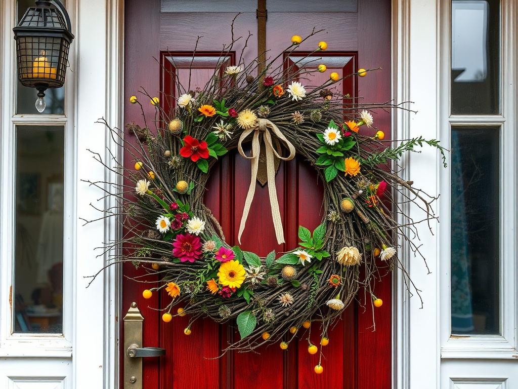 A colorful wreath made of twigs and artificial flowers, hanging on a red door.