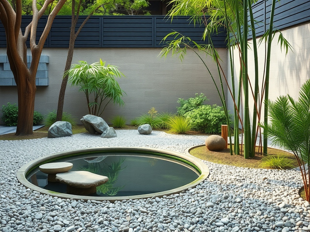 A tranquil Zen garden with a pond, stones, bamboo, and greenery.