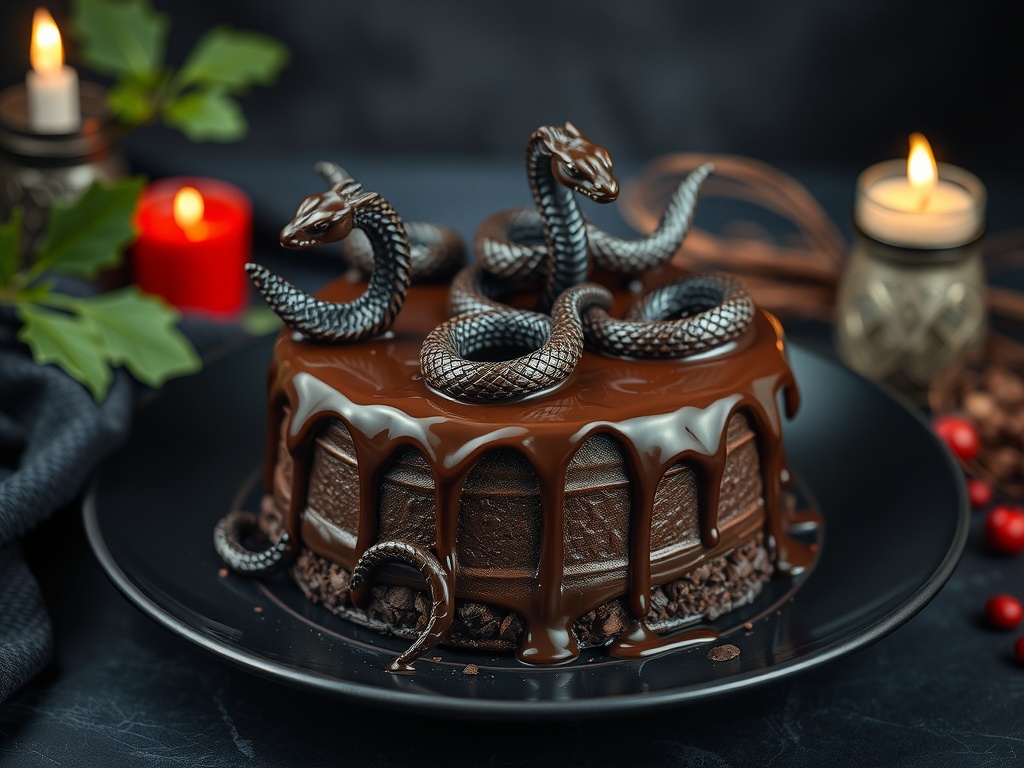 A Serpent’s Kiss Chocolate Cake with snakes coiled on top, surrounded by candles and dark foliage.