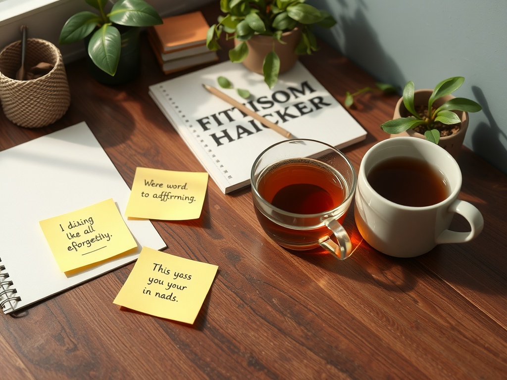 A cozy workspace featuring a cup of tea, sticky notes with affirmations, and plants.