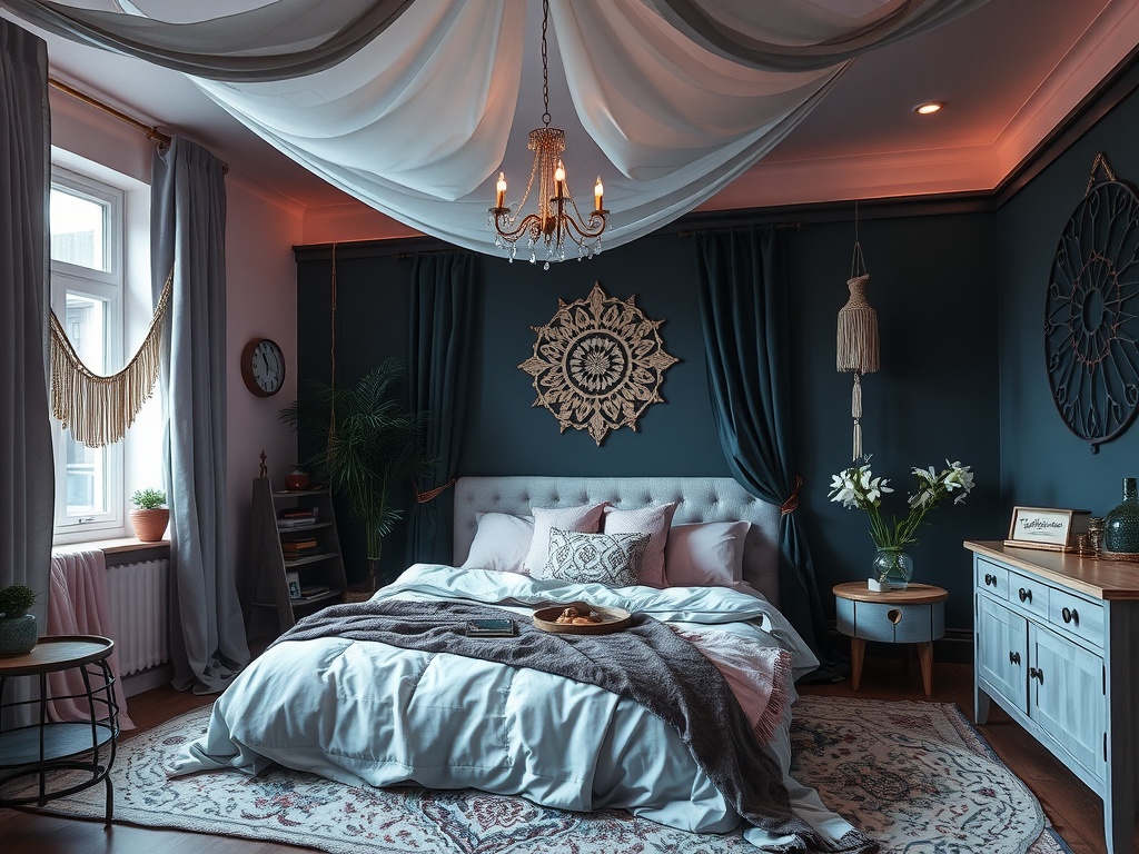 A cozy bedroom with soft pastel bedding, deep blue walls, airy drapes, and decorative elements.