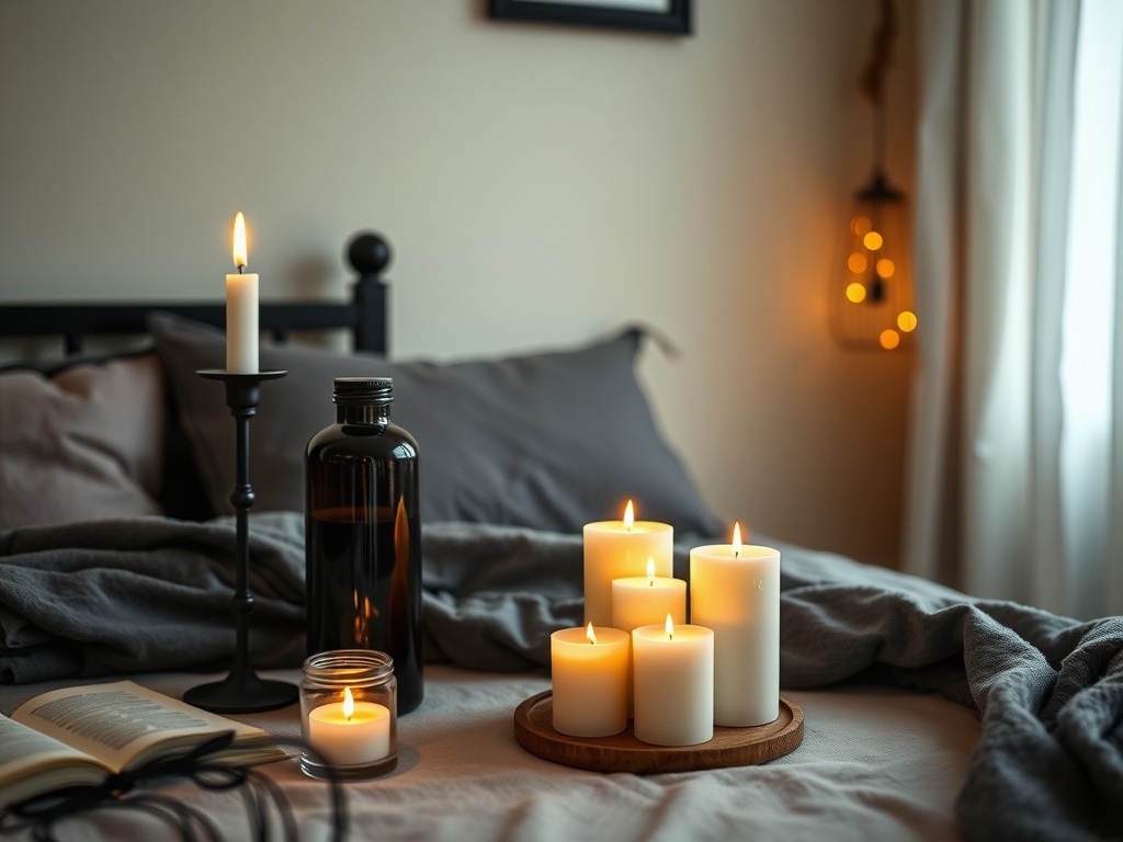 A serene bedroom with candles and a book, creating a calming atmosphere.