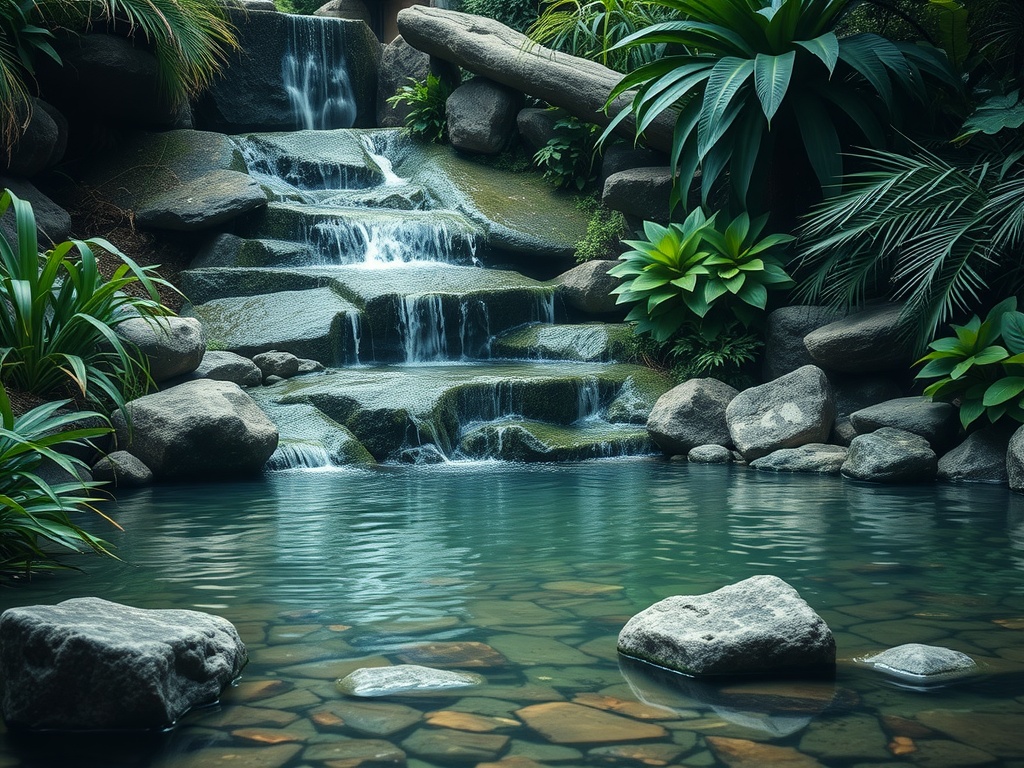 A serene waterfall flowing into a calm pond, surrounded by lush greenery and smooth stones.