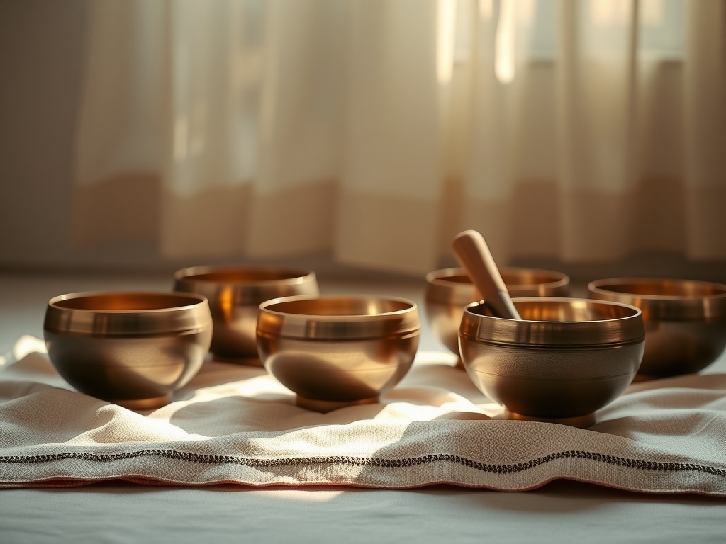 An arrangement of Tibetan singing bowls on a cloth, illuminated by soft sunlight through curtains