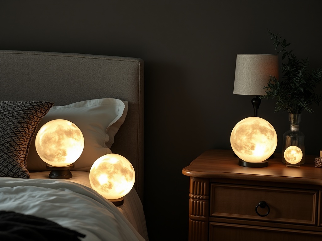 A cozy bedroom featuring glowing spherical moon lamps on a bedside table and the bed.