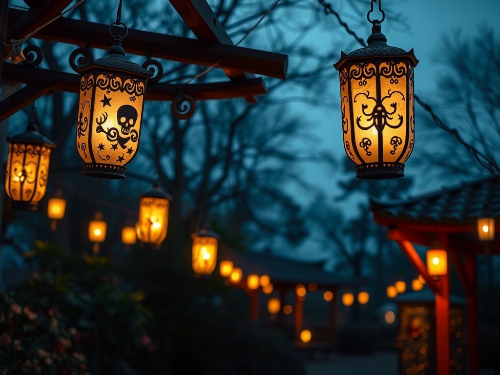 A collection of spooky lanterns hanging in a garden, glowing warmly against a dark background.