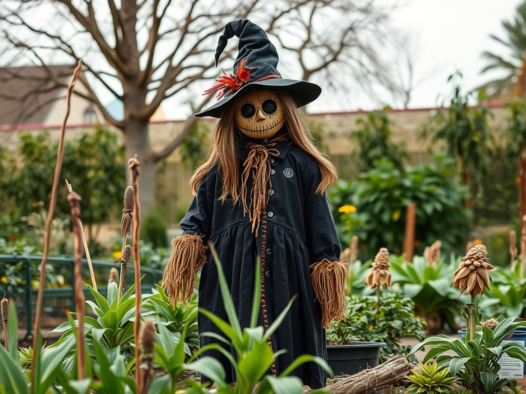 A scarecrow in a witch outfit standing in a garden surrounded by plants.