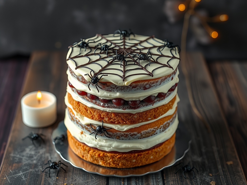 A three-layer spiderweb cake decorated with white frosting, chocolate web, and plastic spiders, with a candle beside it.