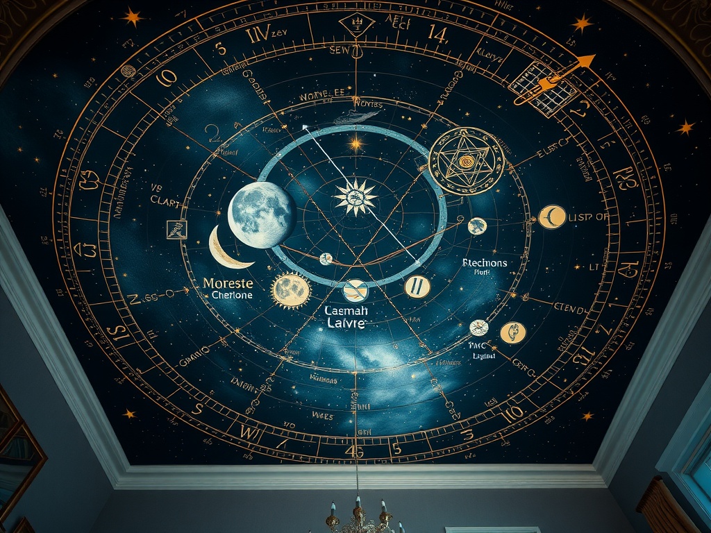 A beautifully painted star map ceiling featuring constellations, moons, and astrological symbols in a deep blue sky.