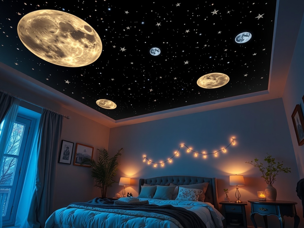 A cozy bedroom with a starry ceiling featuring large moons and twinkling stars, complemented by soft lighting.