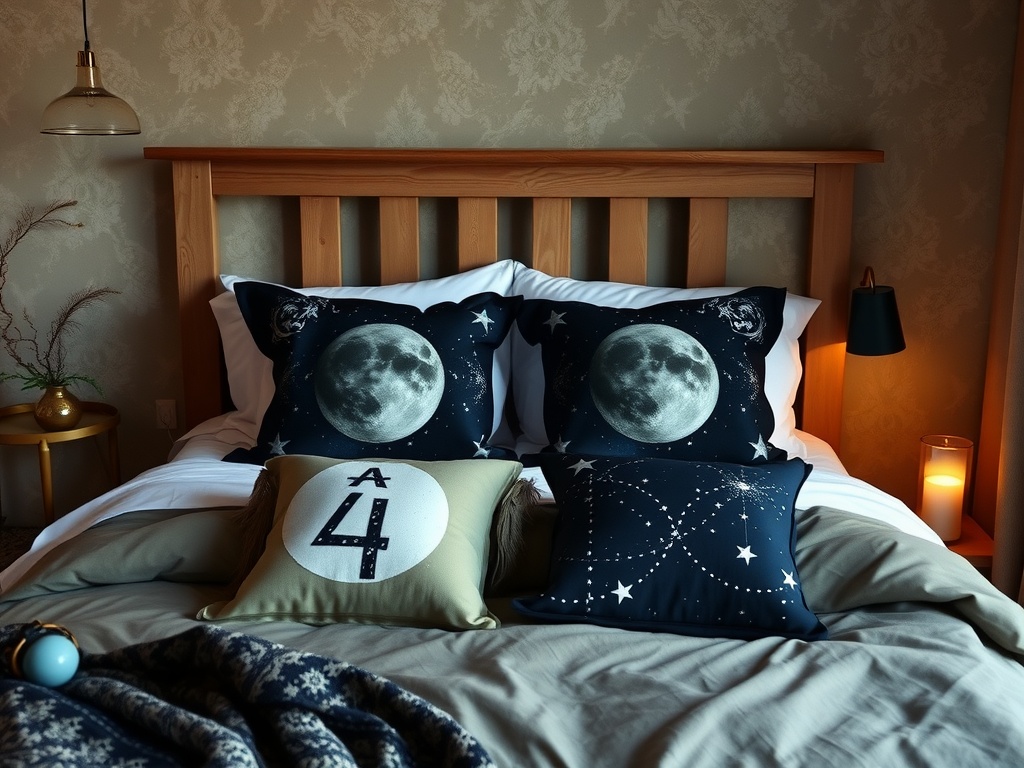 A cozy bedroom with starry night themed bedding featuring moon pillows and warm lighting.