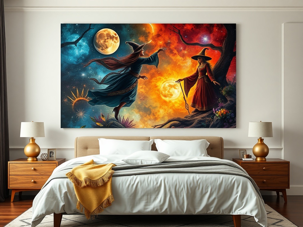 A vibrant artwork of two witches against a cosmic background, hanging above a cozy bed in a Gothic Boho bedroom.